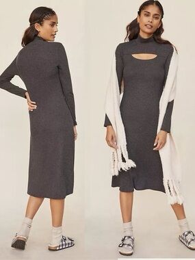 Anthropologie Bordeaux Cut-Out Long Sleeve Midi Dress